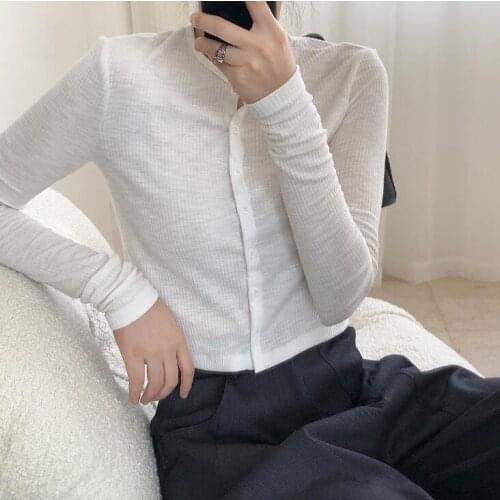 Womens Retro High waist Short knitting Cardigan T shirt Slim Long Sleeve Top