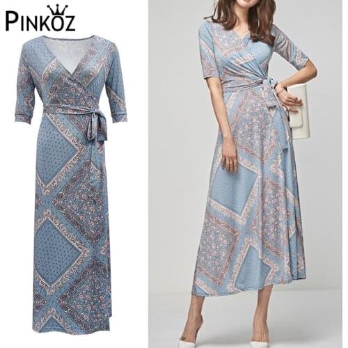 Pinkoz light blue printed lace up wrap maxi dress for women slim sexy casual v-neck half sleeve summer dresses robe korean style
