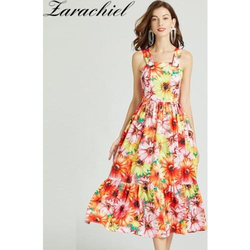 Summer Runway Orange Sunflower Dress Womens Buttons Spaghetti Strap Bohemian Floral Print Vacation Backless Long Vestidos XXL