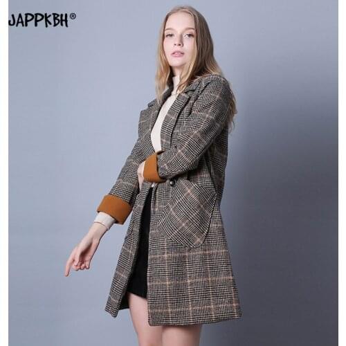 Vintage Plaid Coat Women 2021 NEW Spring Casual Long Wool Jacket Female Loose Double breasted Oversized Woolen Clothes For Women