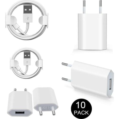 10PCS/Lot EU Plug White Color Wall USB Charger For Phone Charging Cable Charger Adapter For Phone 6 7 Plus 5S 5 tables