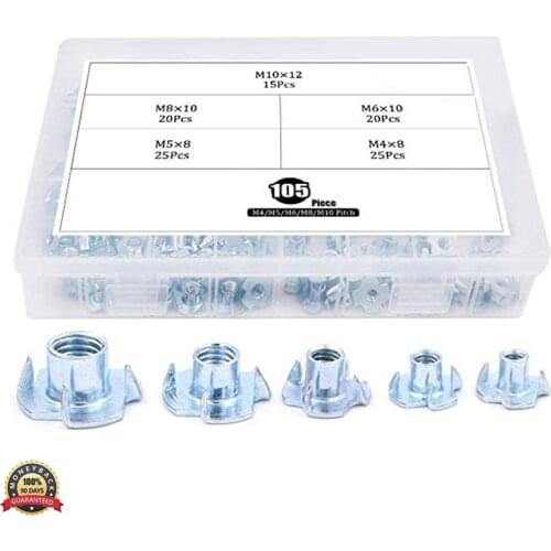 105Pcs M4 5 6 8 10 Zinc Plated Steel T-Nut 4 Pronged Tee Blind Nuts Assortment Kit for Wood Rock Climbing Holds Cabinetry Furnit