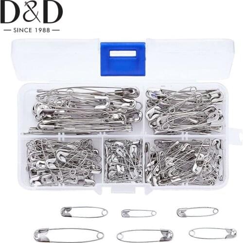 220Pcs Silver Safety Pins Metal Sewing Pins Set Durable 6 Sizes Large Safety Pin Small Brooch Clips DIY Apparel Accessories