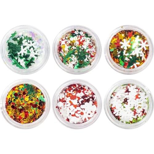 6Jars/Set Winter Christmas Nail Glitter Sequins Laser Mixed Star Tree Snowflakes DIY Flakes Nail Art Polish Slider Sequins Tr#50