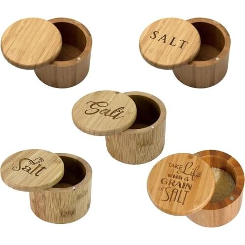 Bamboo Wood Spice Storage Box with Round Swivel Lid Cover Natural Eco-Friendly Salt Condiment Jar for Chili Curry Sugar Salt