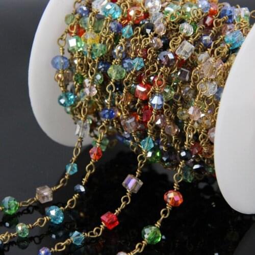 5Meter Mixed shape Glass Rondelle Chains,Brass Wire Wrapped Rosary Chain Multi-color Glass beads Charms Jewelry
