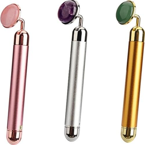 Electric Vibrating Natural Rose Quartz Jade Roller Facial Massager for Face Lifting Slim Jade Stone Massage Skincare Beauty Tool