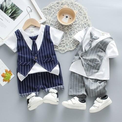 2020 Summer Children Baby Boys Cotton Clothes Kids gentleman Bowknot Tie T-Shirt Shorts 2pcs/Set Toddler Clothing Infant Outfits