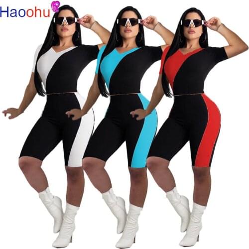 HAOOHU Patchwork Womens Set Fashion Tracksuit V-neck Tee Tops Shorts Matching Two 2 Piece Set Jogger Sweatsuit Outfits