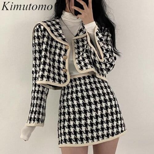 Kimutomo Women Sets 2021 Korea Autumn Sweet Ladies French Navy Collar Houndstooth Cardigan High Waist A-Line Bag Hip Skirt Suit