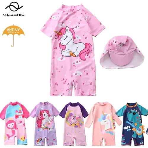 Swimwear Child with Hat Unicorn Mermaid Print Kids Bathing Suits Swimsuit for Girls Summer Toddler Baby Boy Girl UV Beach Wear