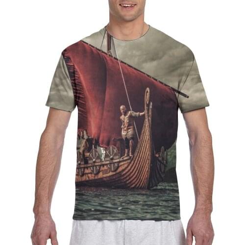 Group Of Vikings Floating On Drakkar Sea With Mountains Fashion T-shirt Men 2020 Summer Crew Neck Mens Tshirt Tee Shirts