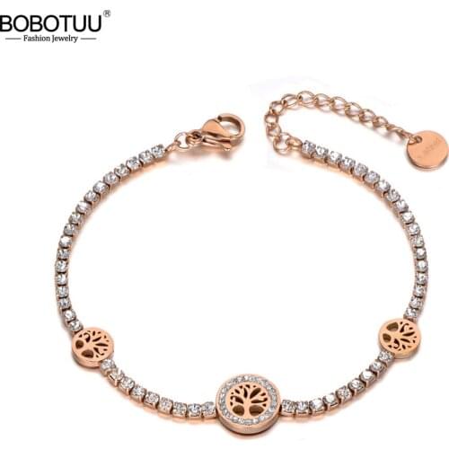 BOBOTUU Trendy Clay Rhinestone Love Tree Charm Bracelets For Women Stainless Steel CZ Crystal Chain Bracelet For Women BB19136