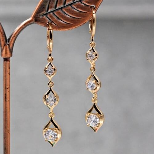 Trendy Gold Copper Plated Heart Dangle Drop Earrings White Stone For Women Girls Fashion Jewelry Accessories Wedding Gift