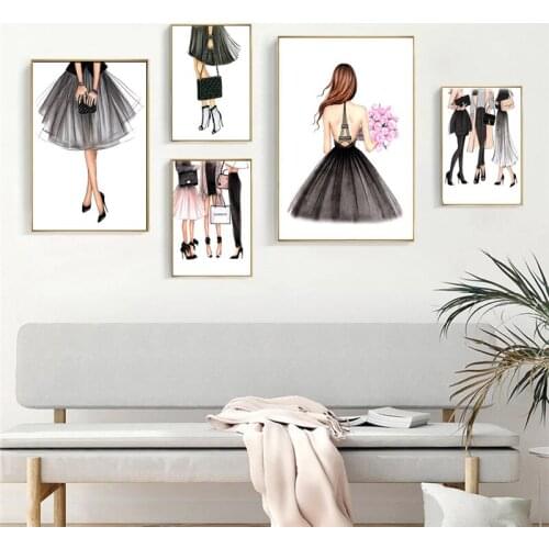 Nordic Fashion Girl Canvas Poster Fashion Dress Shoes Bag Art Printing Picture Modern Girl Bedroom Wall Decoration Picture