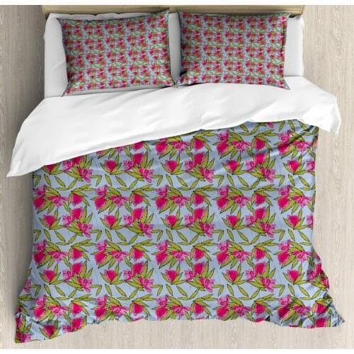 Floral Duvet Cover Set Cartoon Style Illustration of Flowers 3 Piece Bedding Set Ceil Blue Pink Green