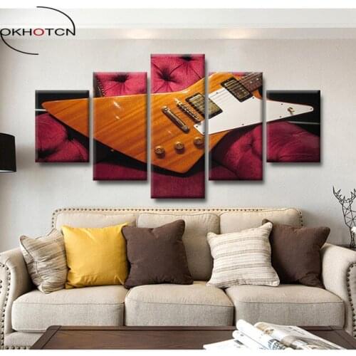 OKHOTCN Canvas Painting Printed Wall Art Home Decor Cuadros Modern 5 Panel Guitar Musical Instruments Pictures Poster Room Frame