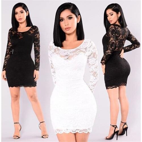 Autumn Black Sexy Long Sleeve Lace Dress Women Hollow Out O-Neck Club Party Bodycon Mini Dress Vestido De Renda Ropa Mujer
