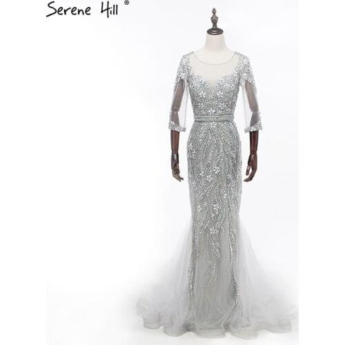 Luxury Sexy Gray Handmade Hard Working Crystal Mermaid Evening Dresses Long Tulle Half Sleeves 2020 Real Photo LA6005
