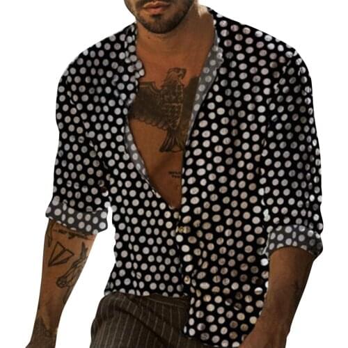 Summer Long sleeve Shirts bohemia Dot Print Camicias Men Button Up Hawaiian Blouse Breathable Streetwear Sexy Beach Cardigan