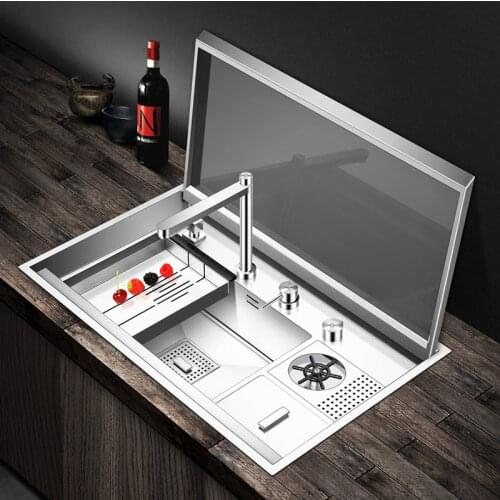 One-piece Flip Cover Hidden kitchen Sink Large Size 304 Stainless Steel 4mm Thickness Handmade Brushed Sink With Trash Can