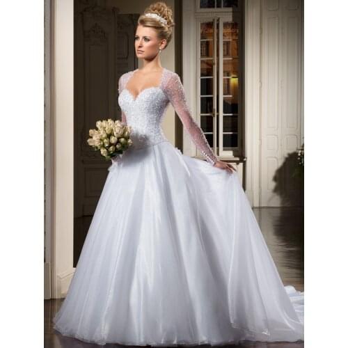 Hand Made Beads Long sleeve Wedding dresses with court train sheer back custom made vestidos de noiva 2015 bridal gown WY38