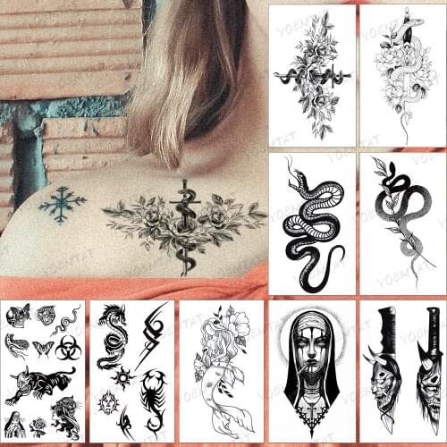 Waterproof Temporary Tattoo Sticker Cross Sword Snake Flower Leaf Black Tatoo Chest Neck Tatto Woman Man Child Fake Flash Tattoo