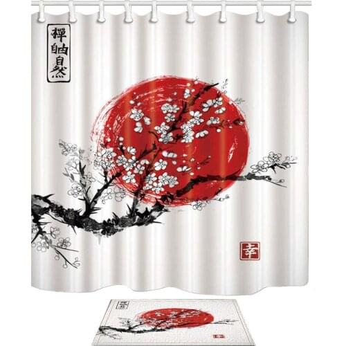 Japanese Ink Painting Flower Decor, Sakura in Blossom and Red Sun, Shower Curtain Set With Non-Slip Floor Doormat Bath Rugs