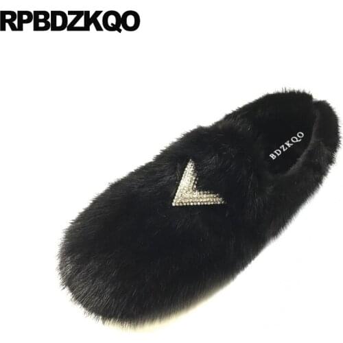 Rubber sole designer shoes china rhinestone women fur crystal metal diamond black 2019 gray flats round toe slip on white winter