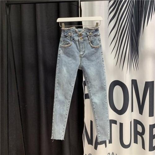 2021 Spring Summer Jeans New High Waist Jeans Beaded Harem Cropped Jeans Womens Slim-Fit Denim Pencil Pants Spodnie Damskie