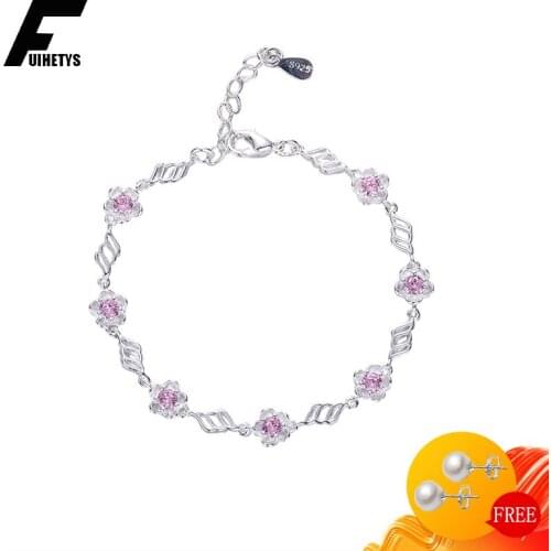 Fashion Bracelet 925 Silver Jewelry Flower Shape Pink Zircon Gemstone Bracelets for Women Girl Wedding Engagement Party Ornament