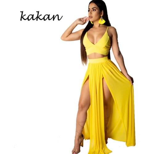 Kakan summer new womens dress two-piece sexy high slit chiffon harness dress yellow black rose red dress