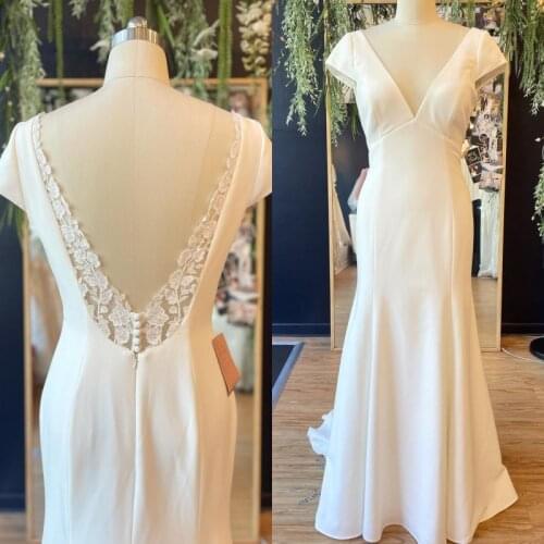 Crepe Bidal Wedding Dress 2021 Column vestidos de novia with Cap Sleeves Deep V-Neck Lace Backless robe de soirée de mariage