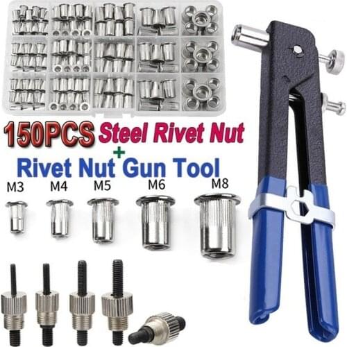150PCS Hand Riveter Nut Rivet Gun Kit Manual Threaded Nut Rive Tool M3/M4/M5/M6/M8 Stainless Steel Household Repair Tools