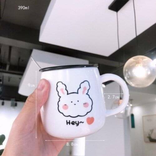 390ml Cute Boys and Girls Kawaii Mugs Ins Ceramic Cup Student Korean Style Cartoon Mug with Lid and Spoon Coffee Mug Couple Cup