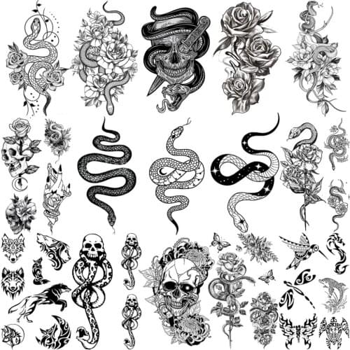 3D Realistic Snake Moon Temporary Tattoos For Women Adult Men Kids Rose Flower Skull Wolf Fake Tattoo Neck Arm Hands Small Tatoo