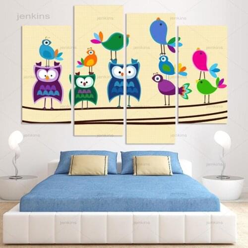 4 Pieces Art Hd Printed Cartoon Animals Owl Canvas Painting Wall Art Home Decor for Baby Kids Childrens Room Canvas Painting