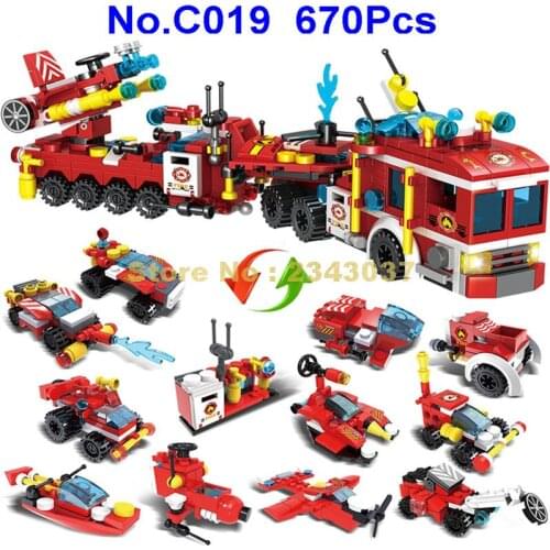 C019 670pcs 12in1 Urban Fire Truck Speedboat Department Diy Model Building Blocks Toy