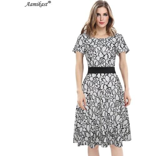 AAMIKAST O-neck Short Sleeve Elegant Vintage Lace Dresses Bandage Fit And Flare Patchwork Party Wear Work Casual Office Dresses