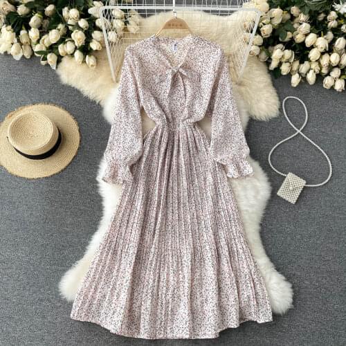 Croysier Spring Autumn Dresses For Women Tie Bow Neck Long Sleeve Chiffon Midi Dress Elegant Vintage Floral Print Pleated Dress