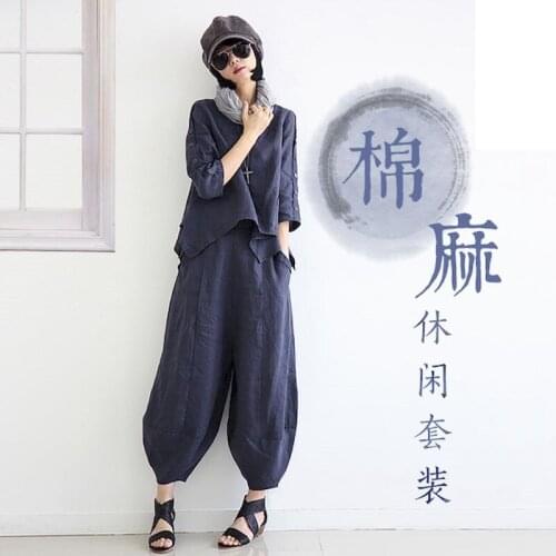 Summer Womens Suits Cotton Linen Suits Ethnic Literary with Sleeves Loose Casual Linen Blouse Pants Two Piece Suit Tshirt Women