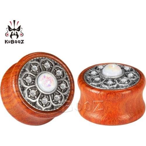 KUBOOZ Wood Ear Piercing Studs Plug Tunnel Opal Metal Gauges Stretcher Body Jewelry Expander Earring Fashion Gift Women Men 2PCS