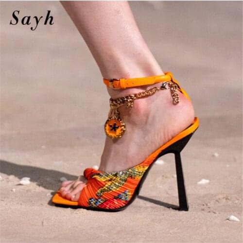 Summer Women Runway High Heel Pumps Peep Toe Stiletto Floral Sandals Ankle Strap Party Gladiator Sexy Shoes