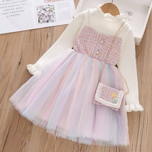 Cute Baby Girls Dresses Winter Rainbow Patchwork Kids Princess Dresses Wedding Birthday Party Knit Children Clothes for New Year