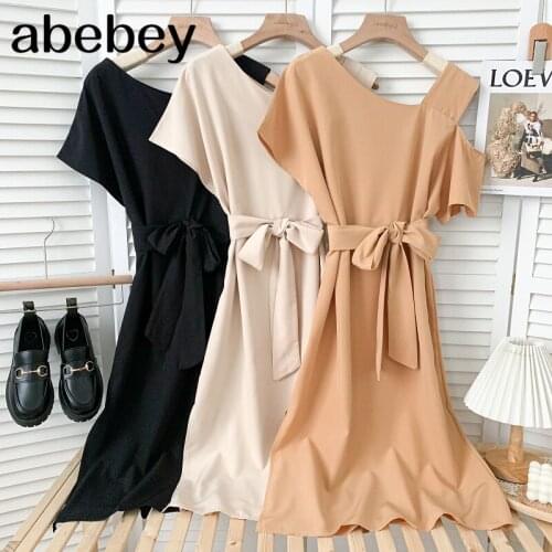Fashion diagonal collar short sleeve off shoulder Dress high waist bandage solid mid-length A-line Dress 2021 New Summer