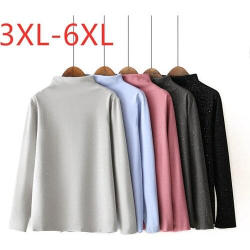 New Ladies Autumn Winter Plus Size Basic Tops For Women Large Long Sleeve Turtleneck Elastic Sequin Gray T-shirt 3XL 4XL 5XL 6XL