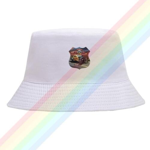 Route 66 Stylish Vintage Car Flat Top Breathable Bucket Hats Unisex Summer Printing Fishermans Hat