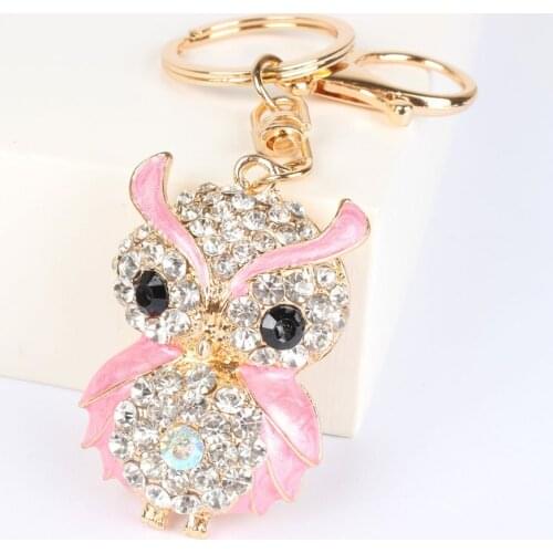 Pink Owl Bird Pendant Charm Rhinestone Crystal Purse Bag Keyring Key Chain Accessories Wedding Party Gift