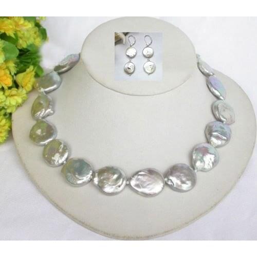 Gray coin fastener FW pearls necklace earring