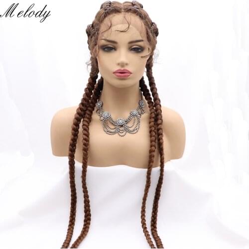 Melody Synthetic Wig Handmade Long Box 4 Braids with Baby Hair Natural Black Mixed 30#Brown for Women Natural Looking Drag Queen